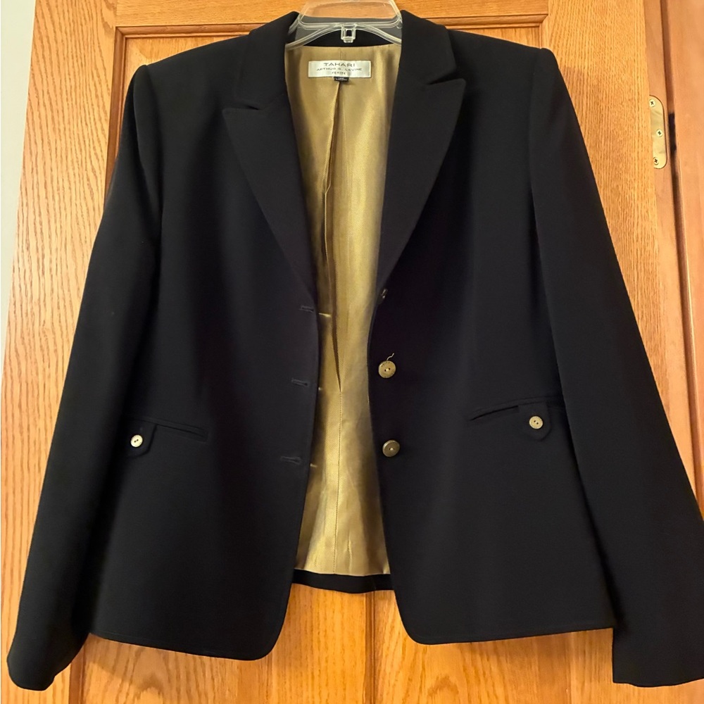 Tahari Black Women's Tailored Blazer with Gold Lining and Button Accents